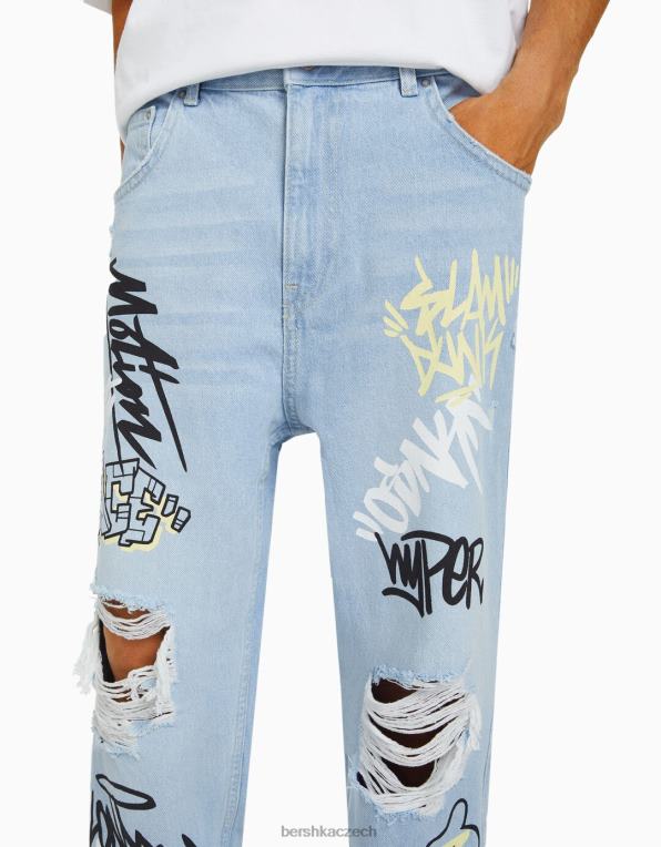 muži Bershka džíny volného střihu s potiskem P88443146 oblečení světle modrá