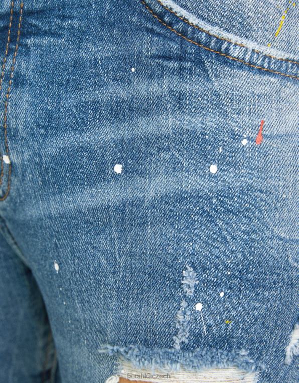 muži Bershka roztrhané barvy postříkat úzké džíny P88443172 oblečení modrý