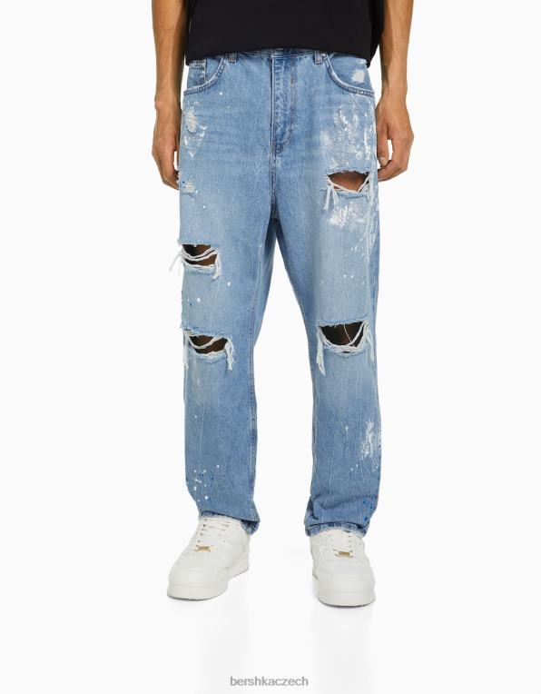 muži Bershka volný střih malovat postříkané džíny s trhlinami P88443145 oblečení světle modrá