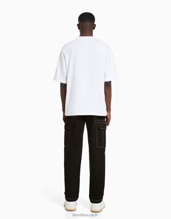 muži Bershka široké cargo kalhoty s kontrastním prošíváním P88443256 oblečení Černá