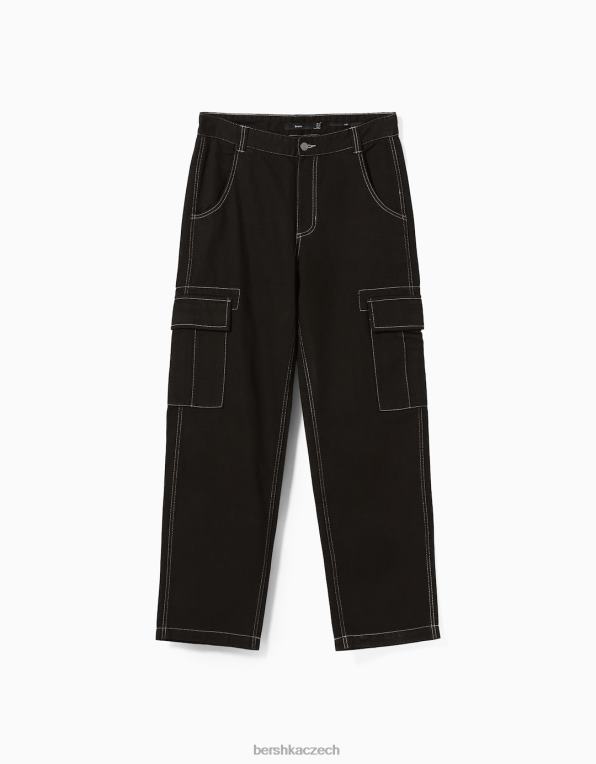 muži Bershka široké cargo kalhoty s kontrastním prošíváním P88443256 oblečení Černá