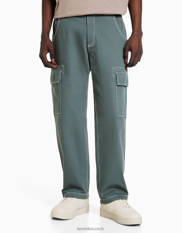 muži Bershka široké cargo kalhoty s kontrastním prošíváním P88443257 oblečení modrý