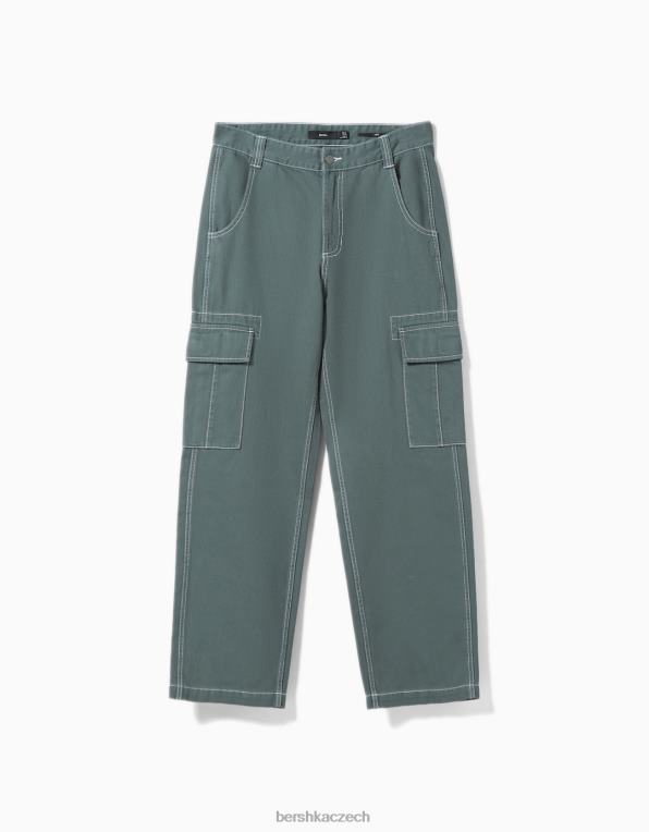 muži Bershka široké cargo kalhoty s kontrastním prošíváním P88443257 oblečení modrý