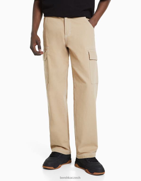 muži Bershka široké cargo kalhoty s kontrastním prošíváním P88443258 oblečení velbloud