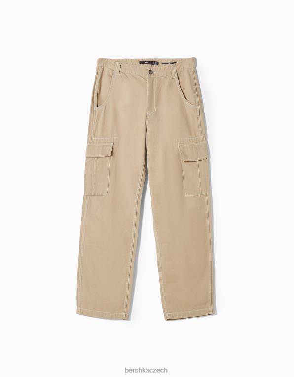 muži Bershka široké cargo kalhoty s kontrastním prošíváním P88443258 oblečení velbloud