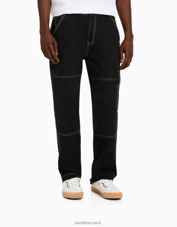 muži Bershka široké cargo kalhoty s kontrastními švy P88443248 oblečení Černá