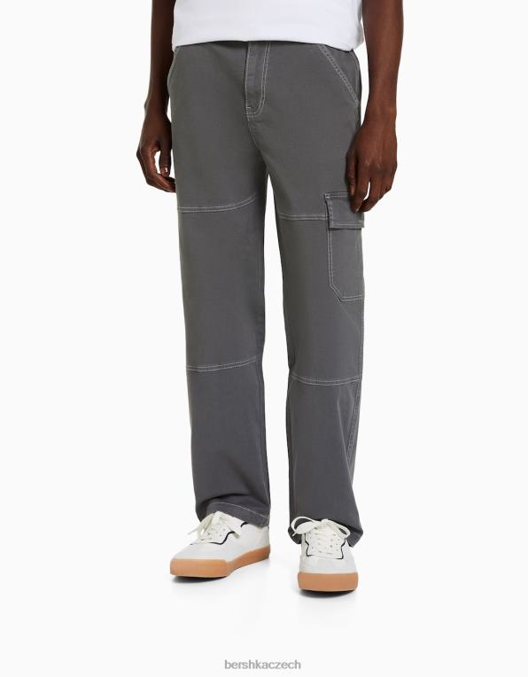 muži Bershka široké cargo kalhoty s kontrastními švy P88443249 oblečení tmavošedý