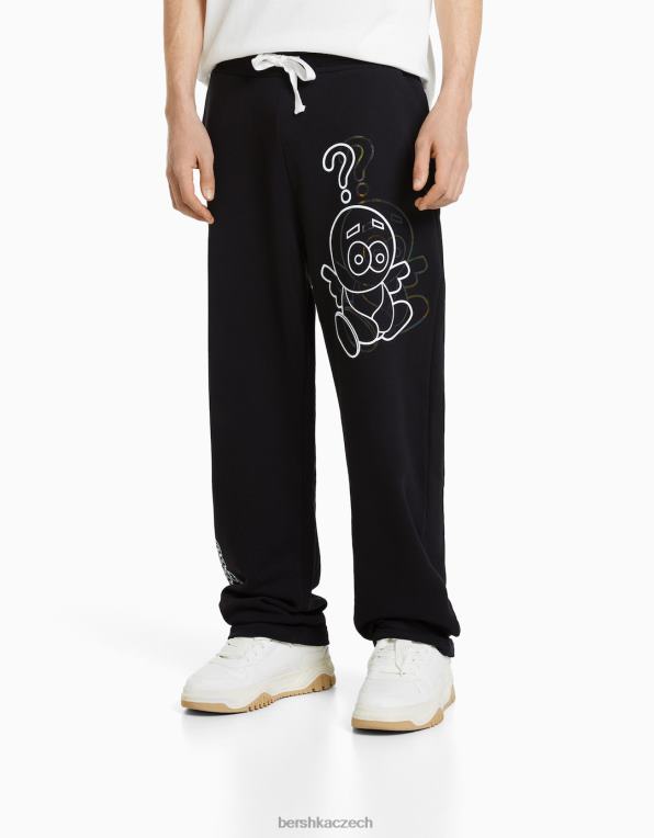 muži Bershka široké kalhoty s fóliovým potiskem P88443239 oblečení Černá