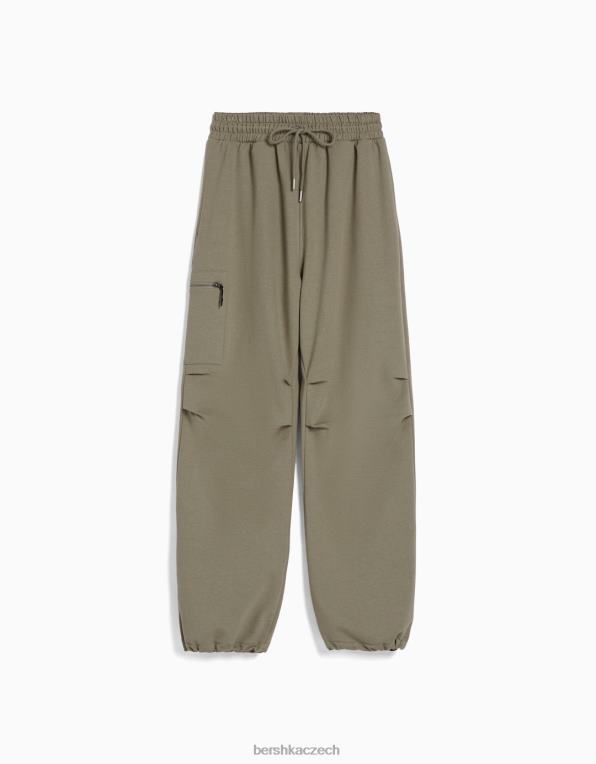 muži Bershka plyšové padákové kalhoty s kapsami na zip P88443233 oblečení khaki