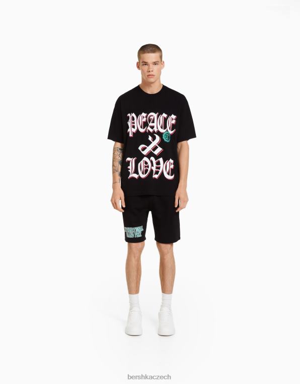 muži Bershka bermudy s potiskem uvolněného střihu P88443326 oblečení Černá