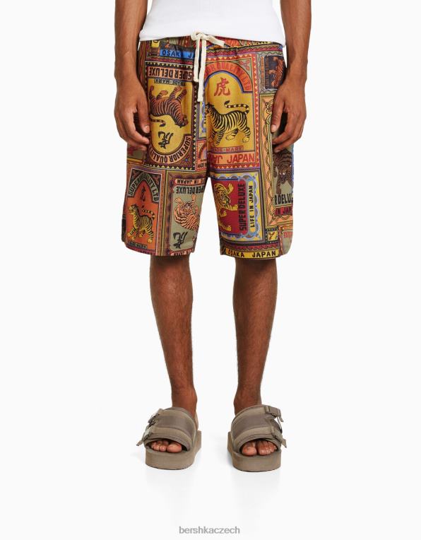 muži Bershka potištěné bermudy P88443312 oblečení hnědý