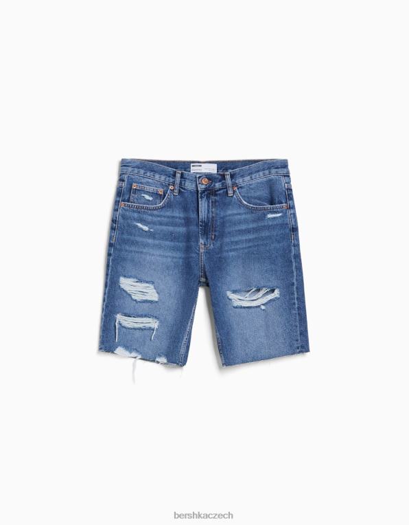 muži Bershka roztrhané džínové bermudy slim fit P88443302 oblečení modrý