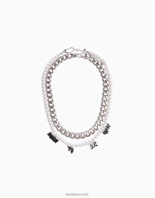 muži Bershka balení 2 náhrdelníků z umělých perel a sloganů P88443665 Příslušenství stříbrný