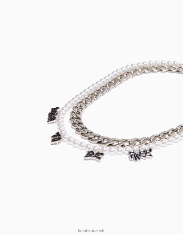muži Bershka balení 2 náhrdelníků z umělých perel a sloganů P88443665 Příslušenství stříbrný