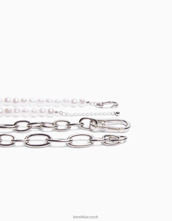 muži Bershka sada 2 náhrdelníků z umělých perel a řetízku P88443681 Příslušenství stříbrný