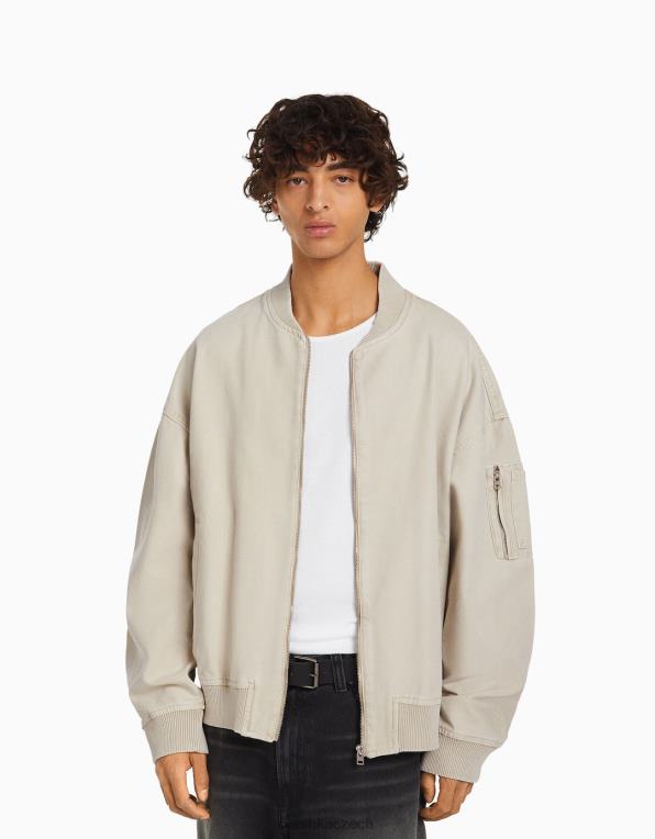 muži Bershka bavlněná bunda typu bomber P88443104 oblečení béžový