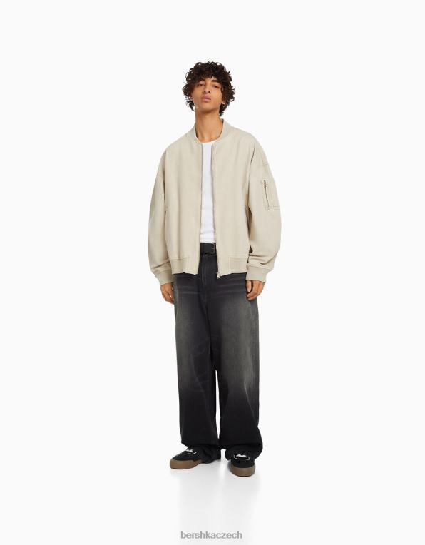 muži Bershka bavlněná bunda typu bomber P88443104 oblečení béžový
