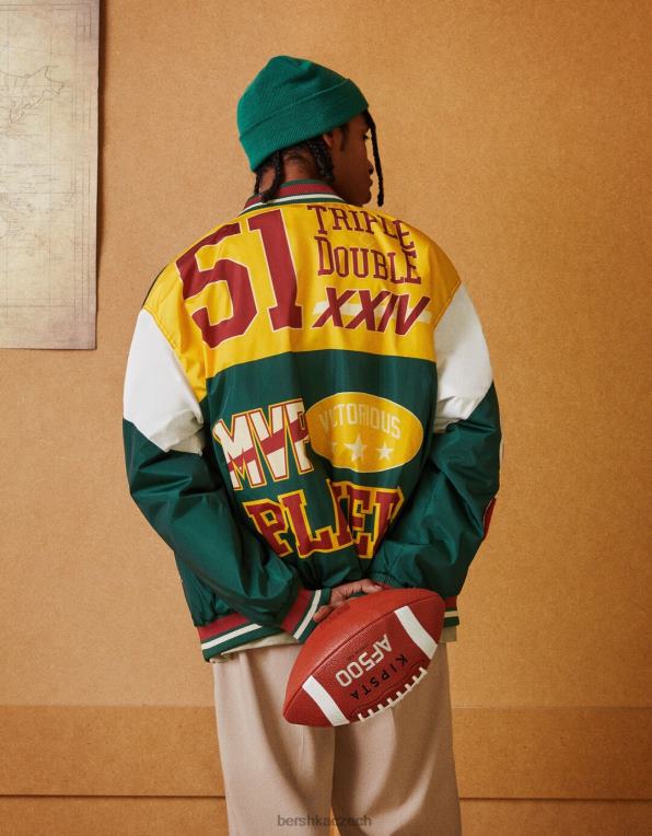 muži Bershka prošívaná bomber s potiskem P88443107 oblečení zelená