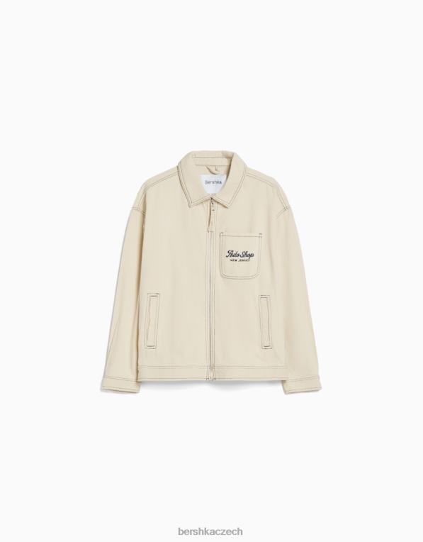 muži Bershka vyšívaná bavlněná bunda s kontrastními švy P88443076 oblečení krém