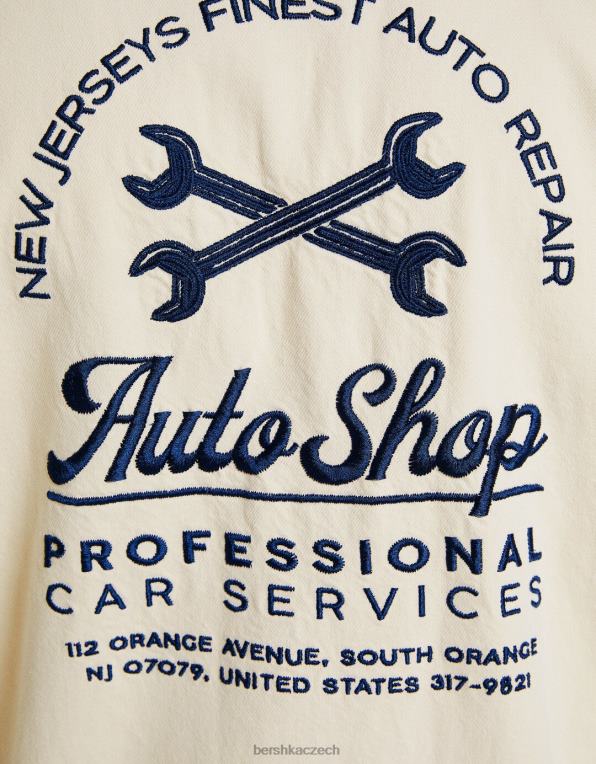 muži Bershka vyšívaná bavlněná bunda s kontrastními švy P88443076 oblečení krém