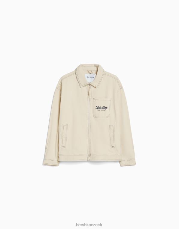 muži Bershka vyšívaná bavlněná bunda s kontrastními švy P88443077 oblečení krém