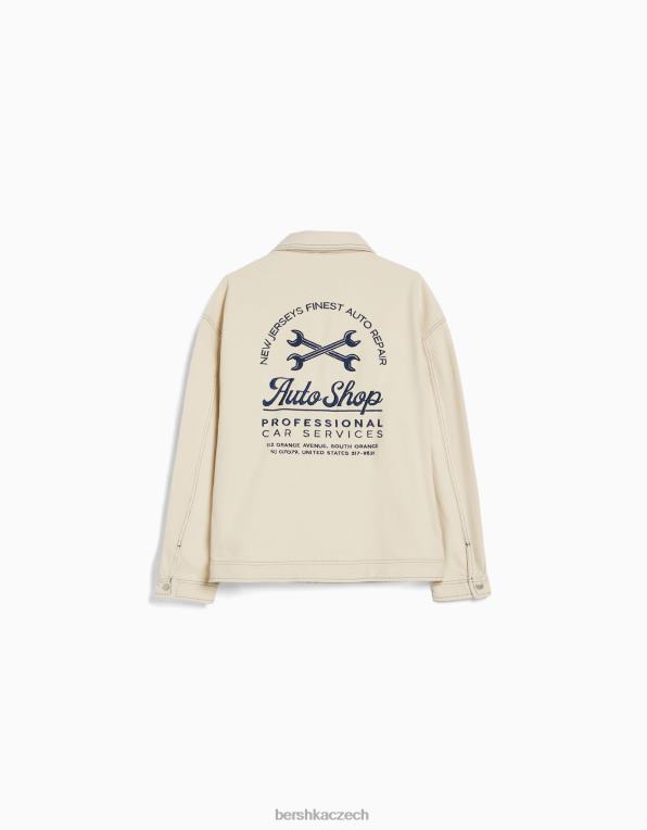 muži Bershka vyšívaná bavlněná bunda s kontrastními švy P88443077 oblečení krém