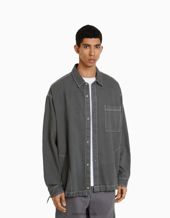 muži Bershka Džínové tričko s kontrastním vláknem s dlouhým rukávem a zarážkami P88442933 oblečení tmavošedý