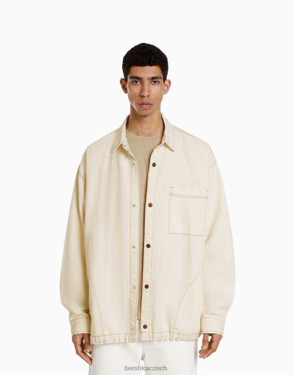 muži Bershka Džínové tričko s kontrastním vláknem s dlouhým rukávem a zarážkami P88442934 oblečení krém