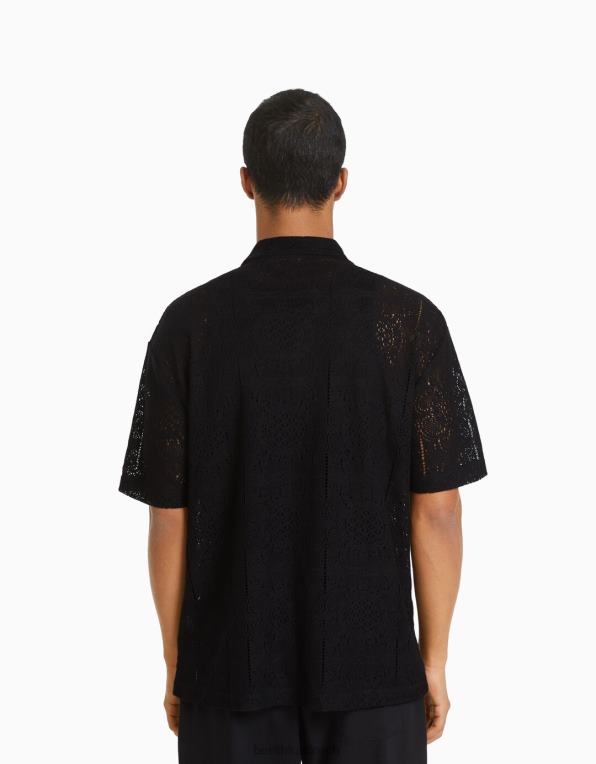 muži Bershka černá háčkovaná košile s květinami P88442922 oblečení Černá