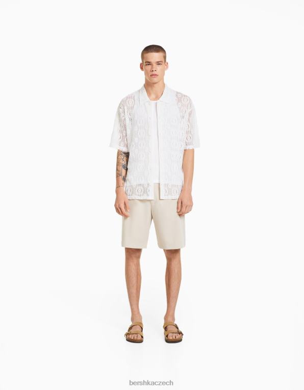 muži Bershka háčkovaná košile s krátkým rukávem P88442877 oblečení bílý