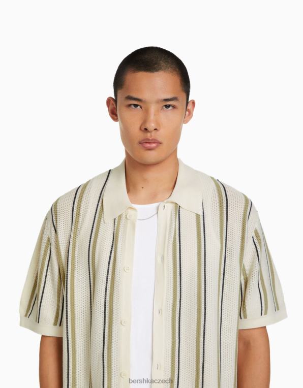 muži Bershka pruhovaná prolamovaná košile s krátkým rukávem P88442897 oblečení bílý