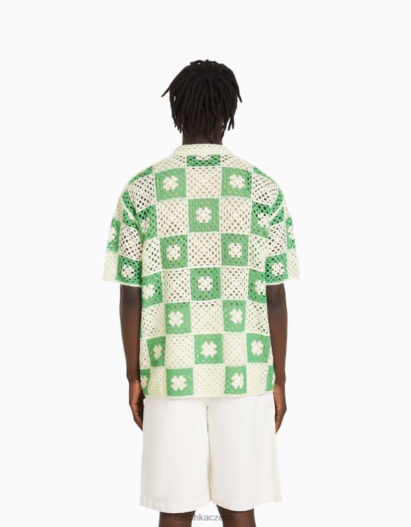 muži Bershka rustikální háčkovaná košile s krátkým rukávem P88442865 oblečení bílý