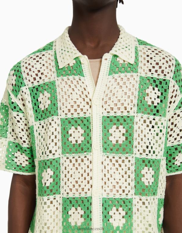 muži Bershka rustikální háčkovaná košile s krátkým rukávem P88442865 oblečení bílý