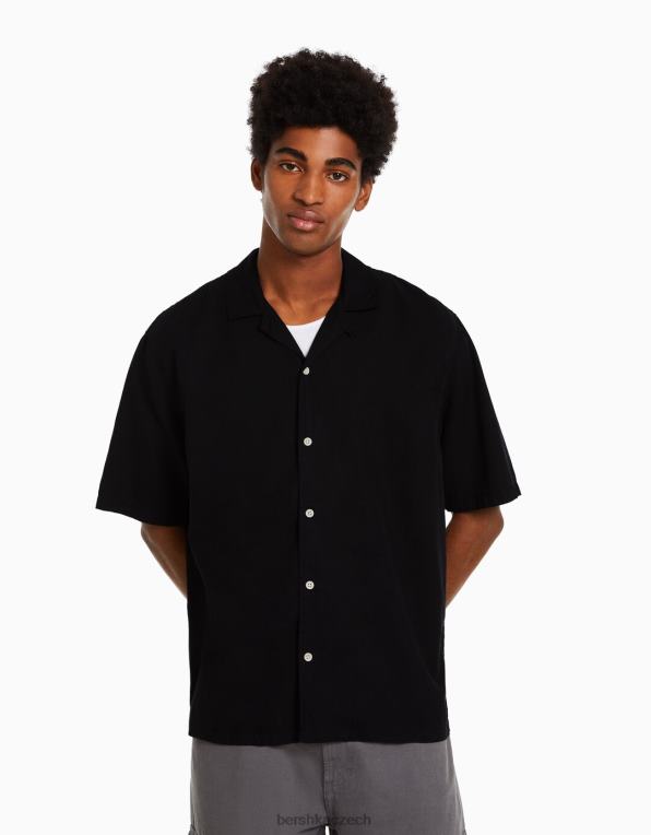 muži Bershka rustikální košile uvolněného střihu s krátkým rukávem P88442945 oblečení Černá