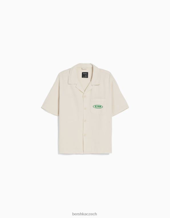 muži Bershka vyšívaná džínová košile s krátkým rukávem P88442873 oblečení špinavě bílé