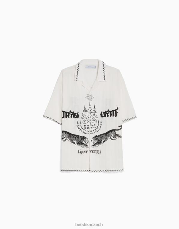 muži Bershka vyšívaná košile s krátkým rukávem P88442863 oblečení krém