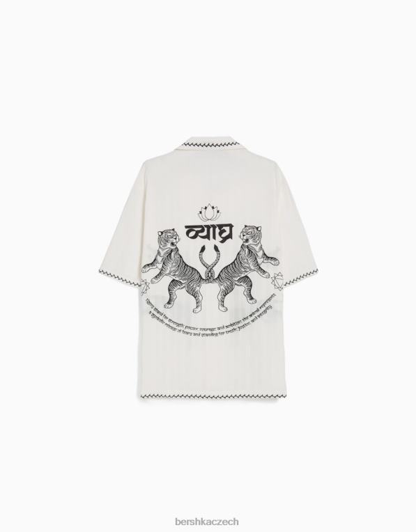 muži Bershka vyšívaná košile s krátkým rukávem P88442863 oblečení krém