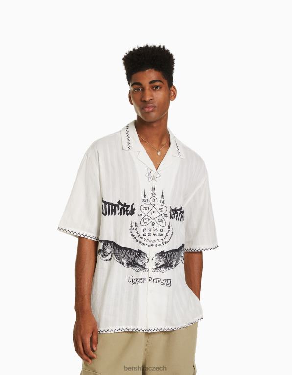 muži Bershka vyšívaná košile s krátkým rukávem P88442864 oblečení krém