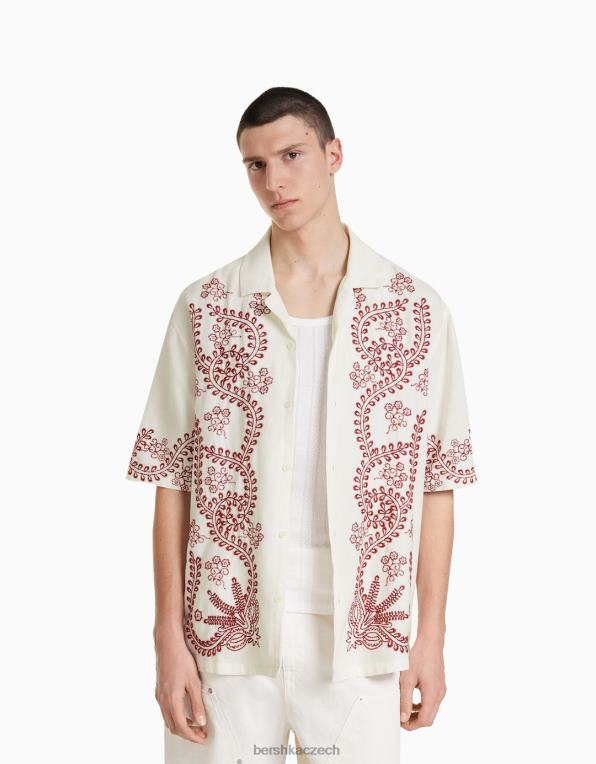 muži Bershka vyšívaná košile s krátkým rukávem s plátnem P88442858 oblečení špinavě bílé