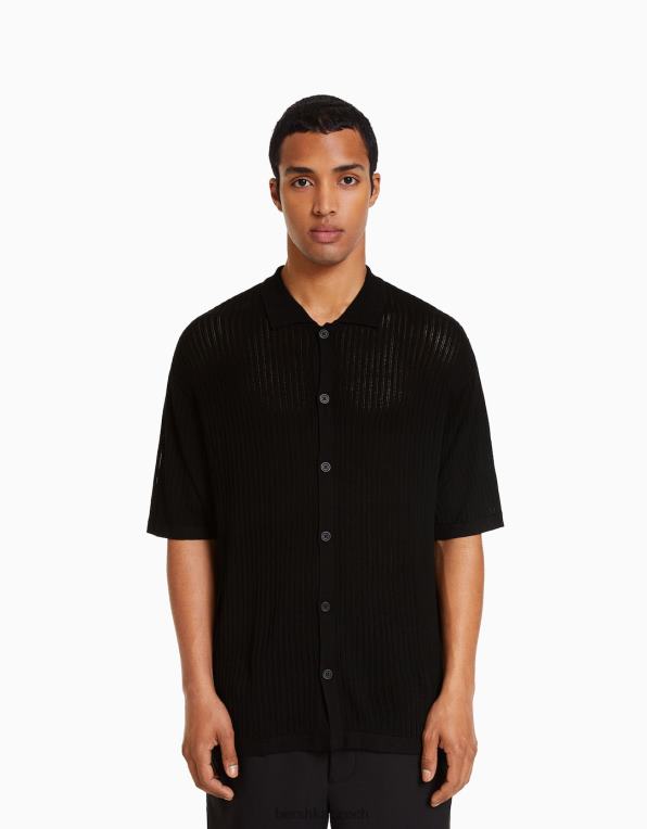 muži Bershka základní otevřená košile s krátkým rukávem P88442924 oblečení Černá