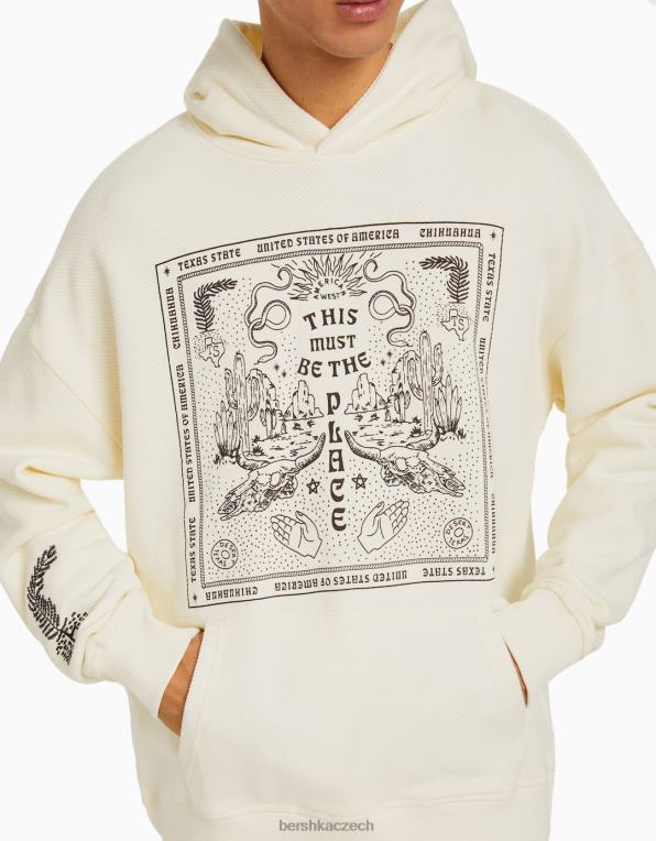 muži Bershka potištěná mikina s kapucí P88442983 oblečení krém