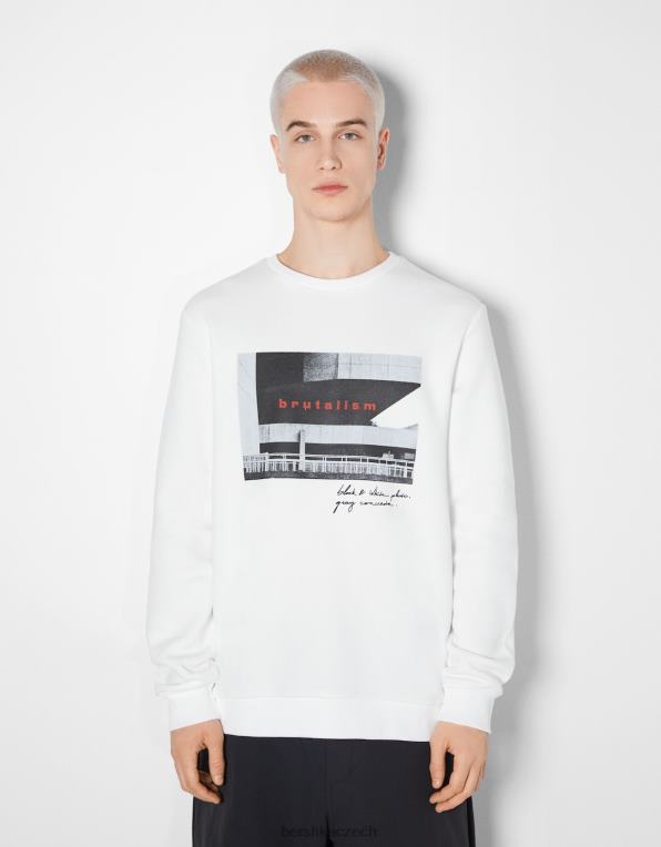 muži Bershka mikina easy fit s fototiskem P88442979 oblečení bílý
