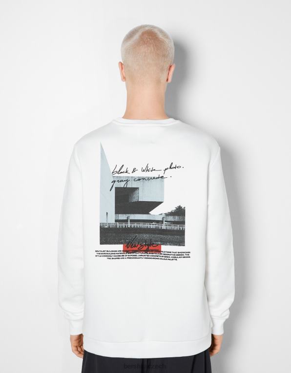 muži Bershka mikina easy fit s fototiskem P88442979 oblečení bílý