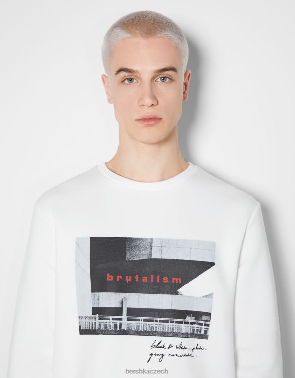 muži Bershka mikina easy fit s fototiskem P88442979 oblečení bílý