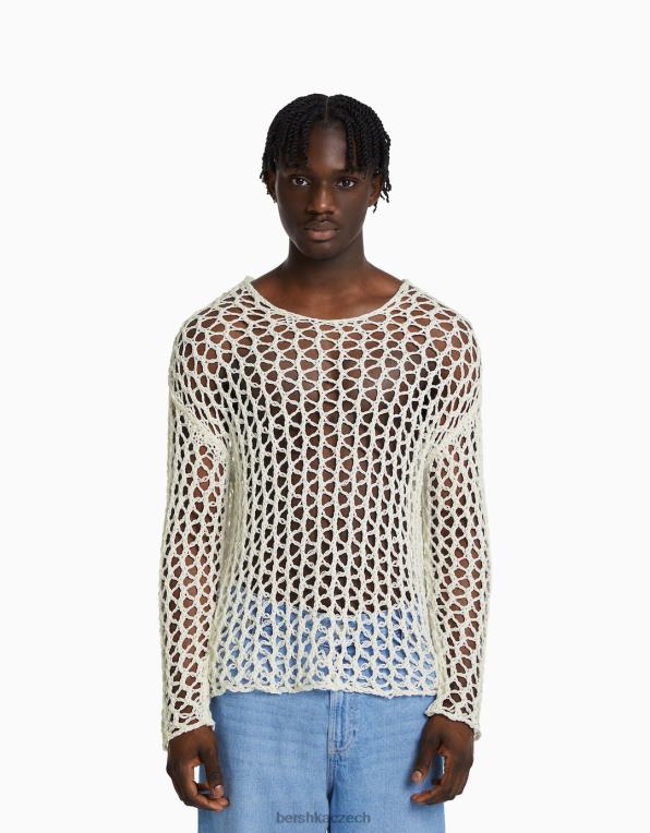 muži Bershka síťovaný svetr s výstřihem P88442996 oblečení bílý