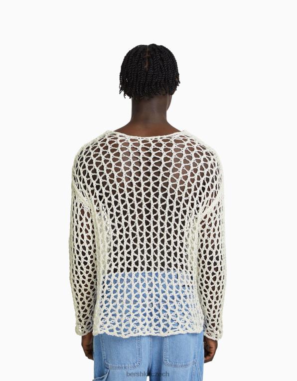 muži Bershka síťovaný svetr s výstřihem P88442996 oblečení bílý