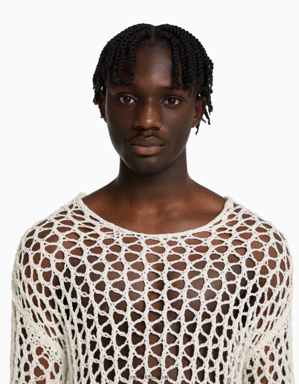 muži Bershka síťovaný svetr s výstřihem P88442996 oblečení bílý