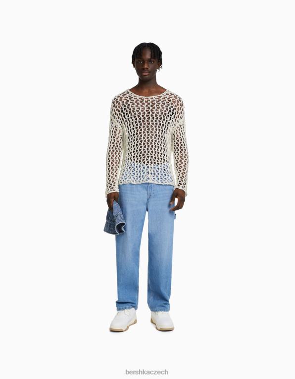 muži Bershka síťovaný svetr s výstřihem P88442996 oblečení bílý