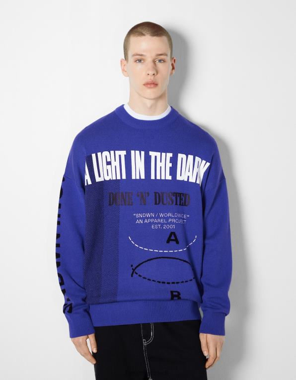 muži Bershka svetr s dlouhým rukávem s potiskem P88443006 oblečení modrý