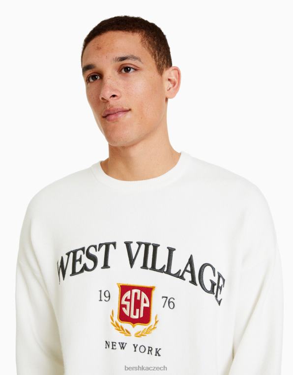 muži Bershka vyšívaný univerzitní svetr P88443009 oblečení bílý